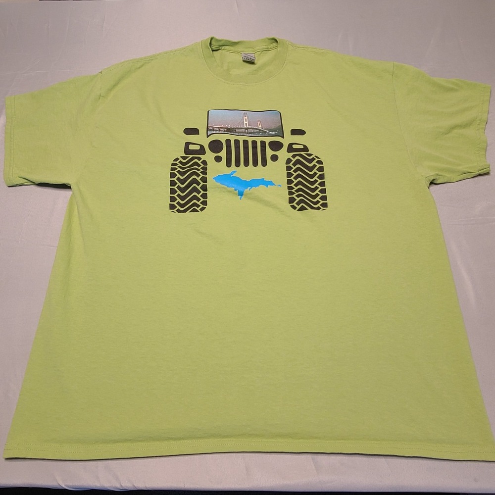 Gildan Graphic T-Shirt Mens 2XL Lime Green Michigan Mackinac Bridge Off-Road UP - Picture 2 of 7